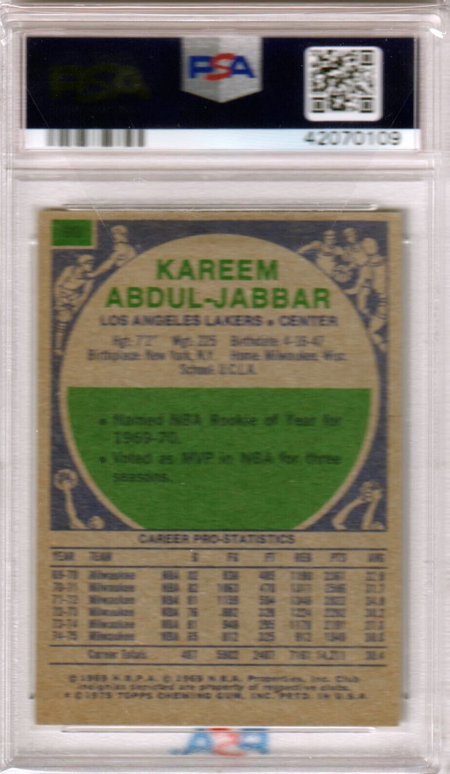 KAREEM ABDUL - JABBAR 1975 Topps #90 PSA 6 EX - MT - LAKERS - Columbia Hobby - Sports Card Boxes - Toploaders - Card Savers