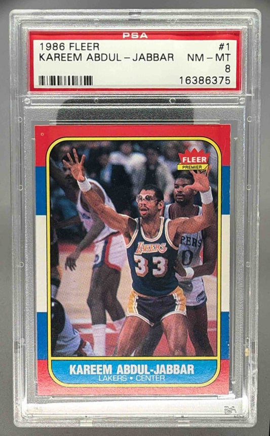 KAREEM ABDUL - JABBAR 1986 FLEER PSA 8 - LAKERS - Columbia Hobby - Sports Card Boxes - Toploaders - Card Savers