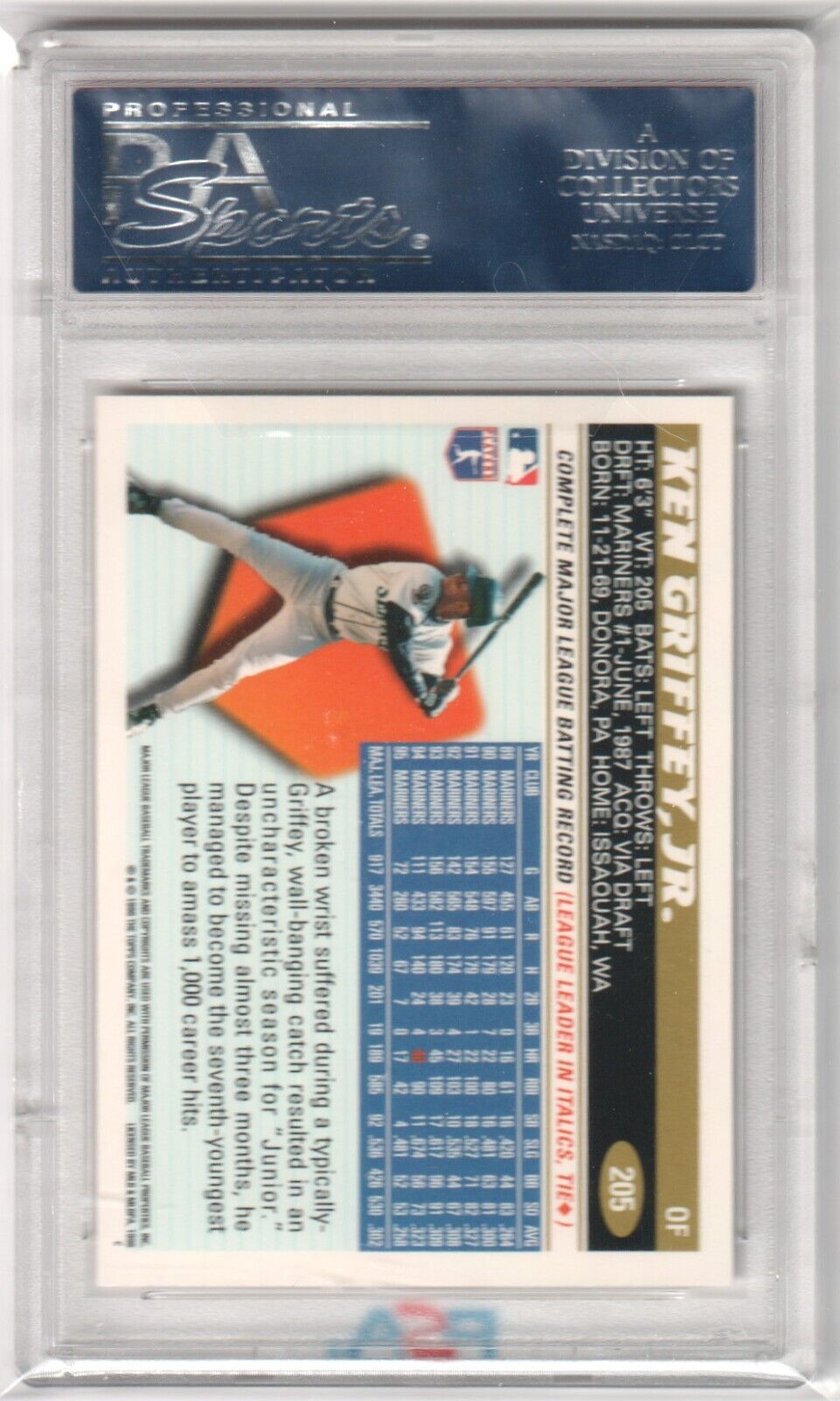 KEN GRIFFEY JR 1996 Topps #205 PSA 10 GEM MINT - MARINERS - Columbia Hobby - Sports Card Boxes - Toploaders - Card Savers