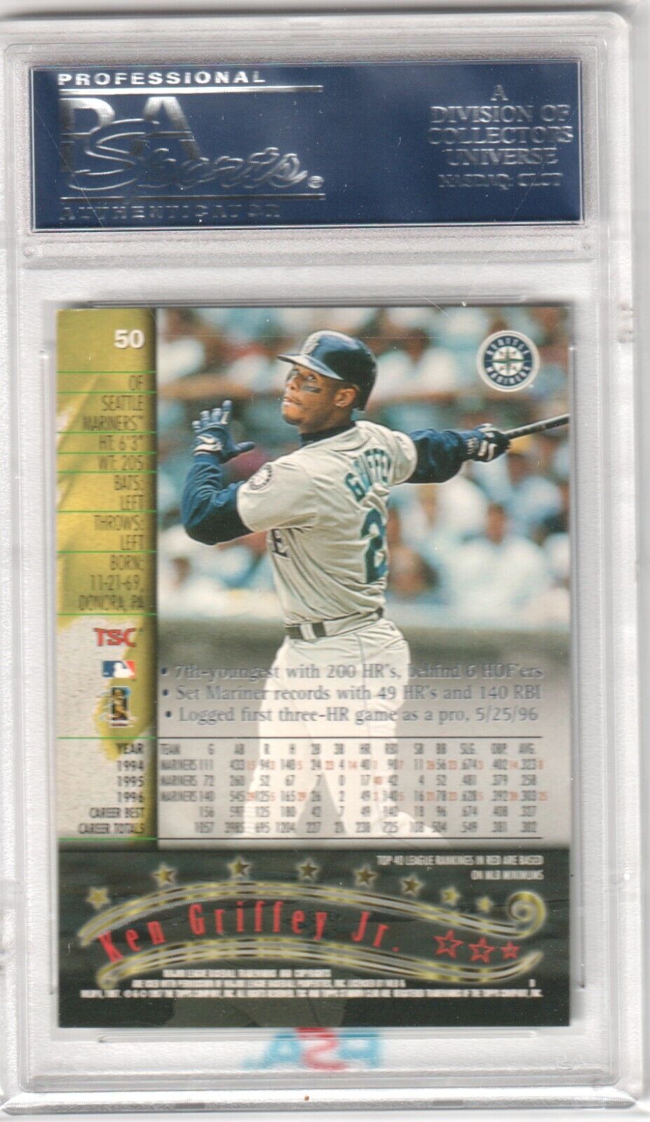 KEN GRIFFEY JR 1997 Topps Stadium Club #50 PSA 10 GEM MINT - MARINERS - Columbia Hobby - Sports Card Boxes - Toploaders - Card Savers
