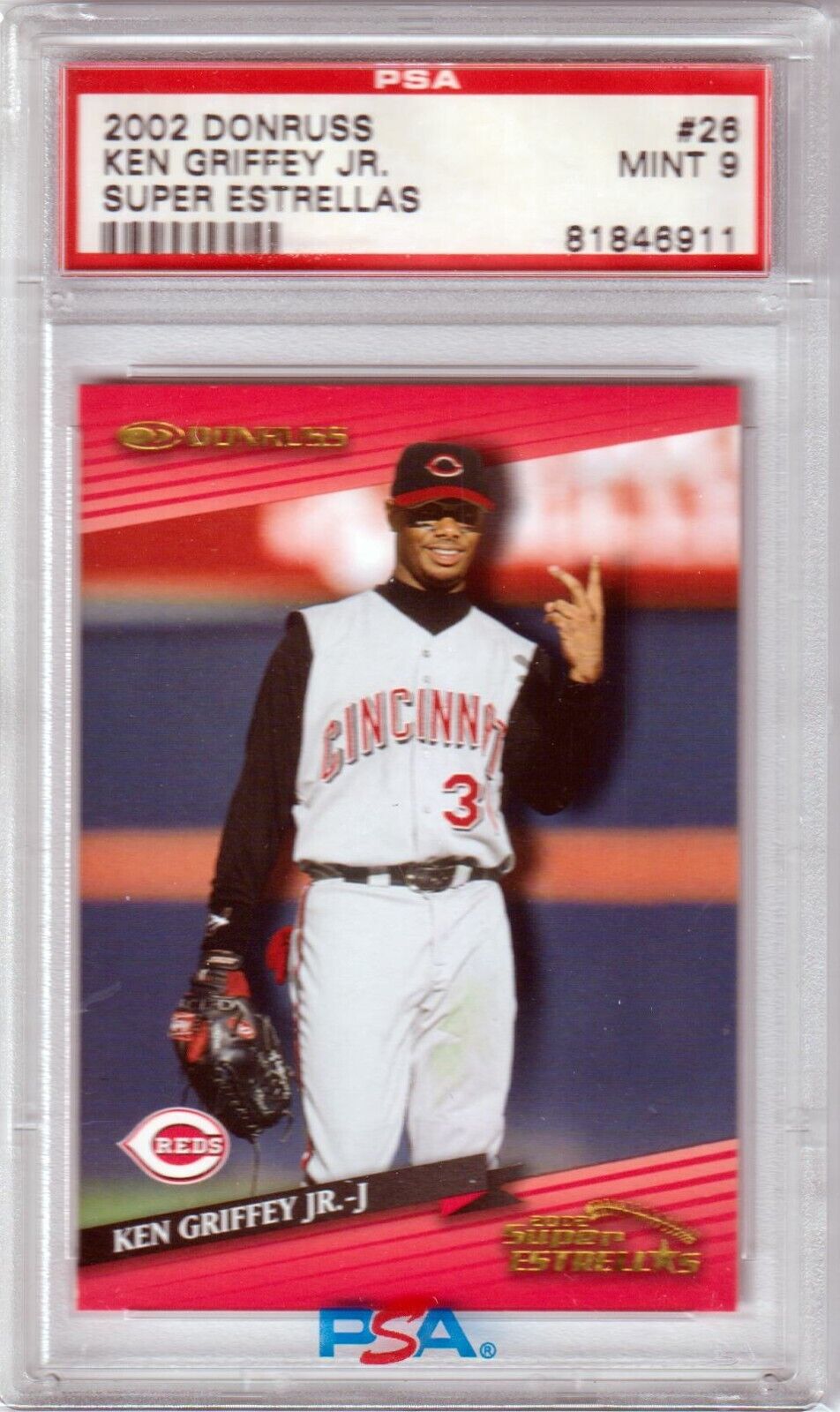 KEN GRIFFEY JR 2002 Donruss Super Estrellas #26 PSA 9 MINT - REDS - Columbia Hobby - Sports Card Boxes - Toploaders - Card Savers