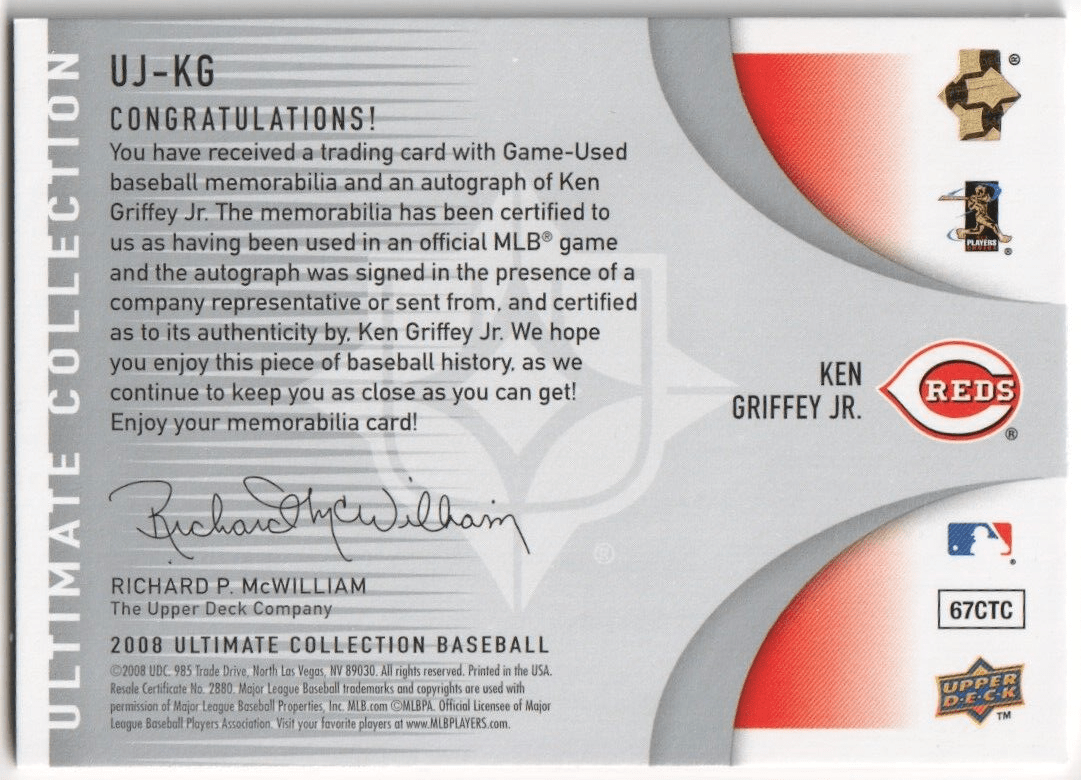 KEN GRIFFEY JR 2006 Upper Deck Ultimate Autograph Auto GU Pants #/99 - REDS - Columbia Hobby - Sports Card Boxes - Toploaders - Card Savers