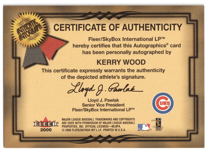 KERRY WOOD 2000 Fleer Autographics Autograph Auto - CUBS - Columbia Hobby - Sports Card Boxes - Toploaders - Card Savers