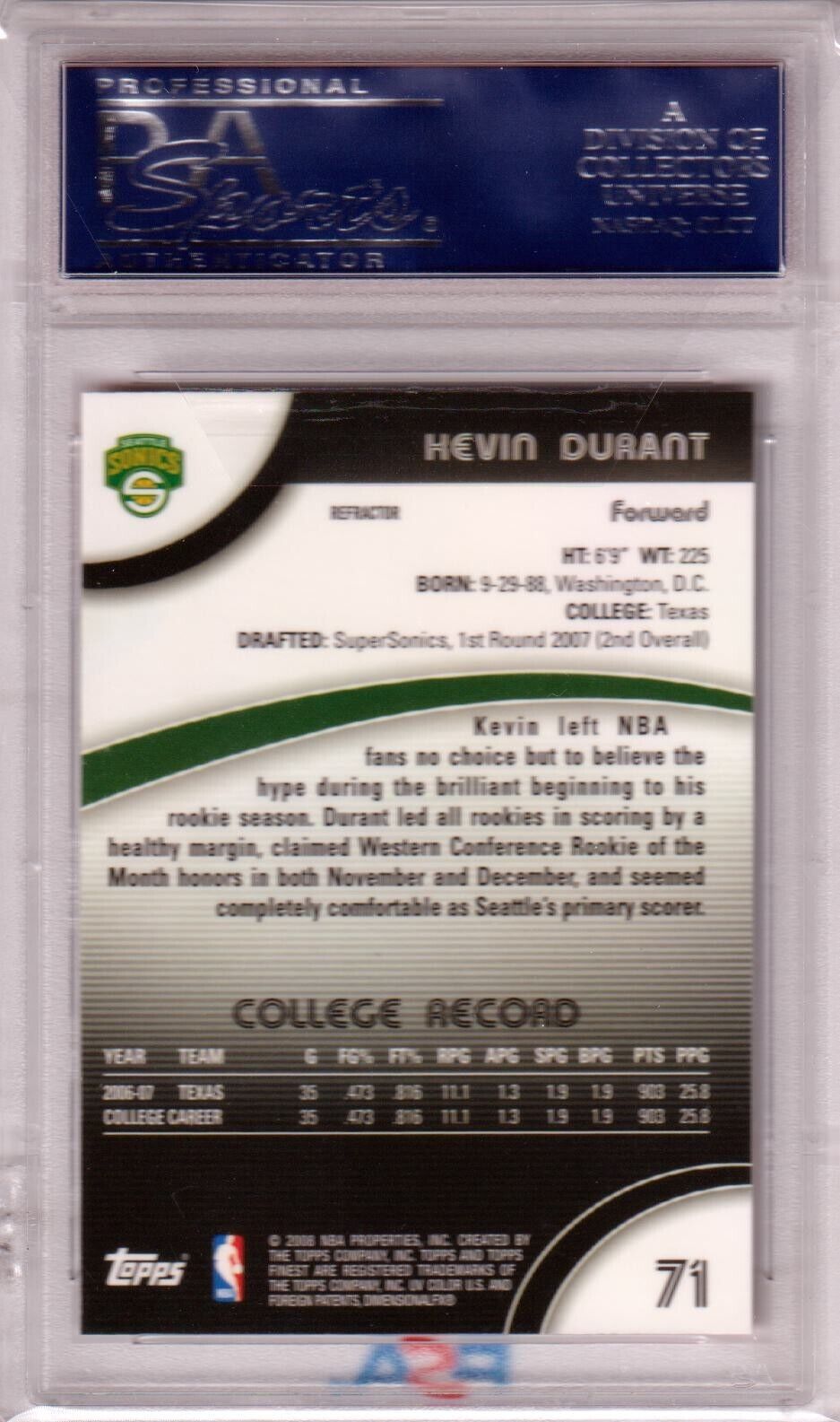 KEVIN DURANT 2007 - 08 Topps Finest Refractor RC Rookie #71 PSA 10 GEM MINT - Columbia Hobby - Sports Card Boxes - Toploaders - Card Savers