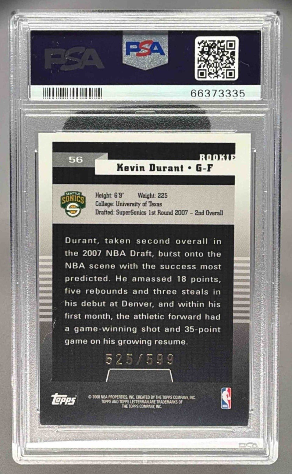 KEVIN DURANT 2007 TOPPS LETTERMAN ROOKIE /599 RC PSA 8 - SUPERSONICS - Columbia Hobby - Sports Card Boxes - Toploaders - Card Savers