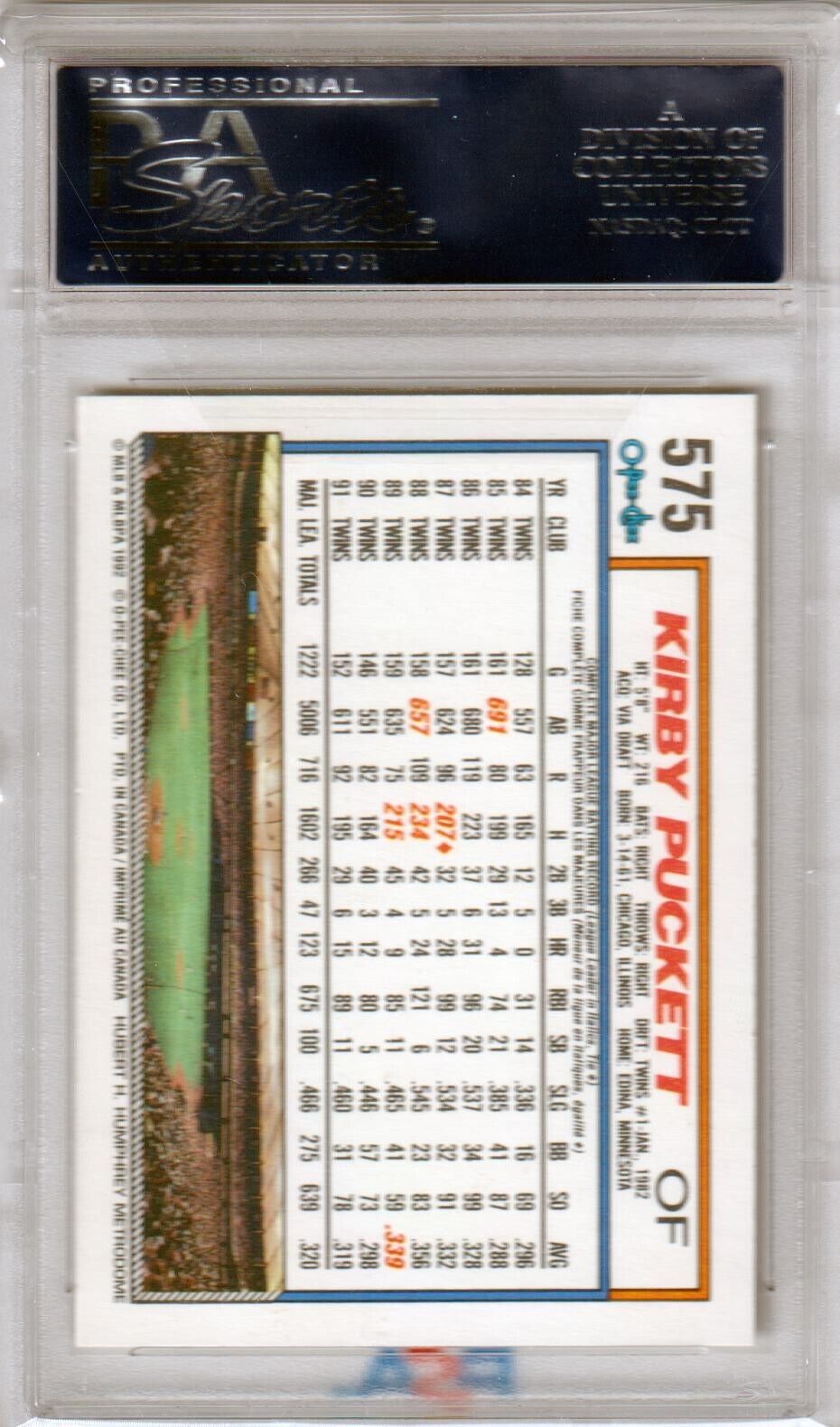 KIRBY PUCKETT 1992 O - Pee - Chee #575 PSA 10 GEM MINT - TWINS - Columbia Hobby - Sports Card Boxes - Toploaders - Card Savers