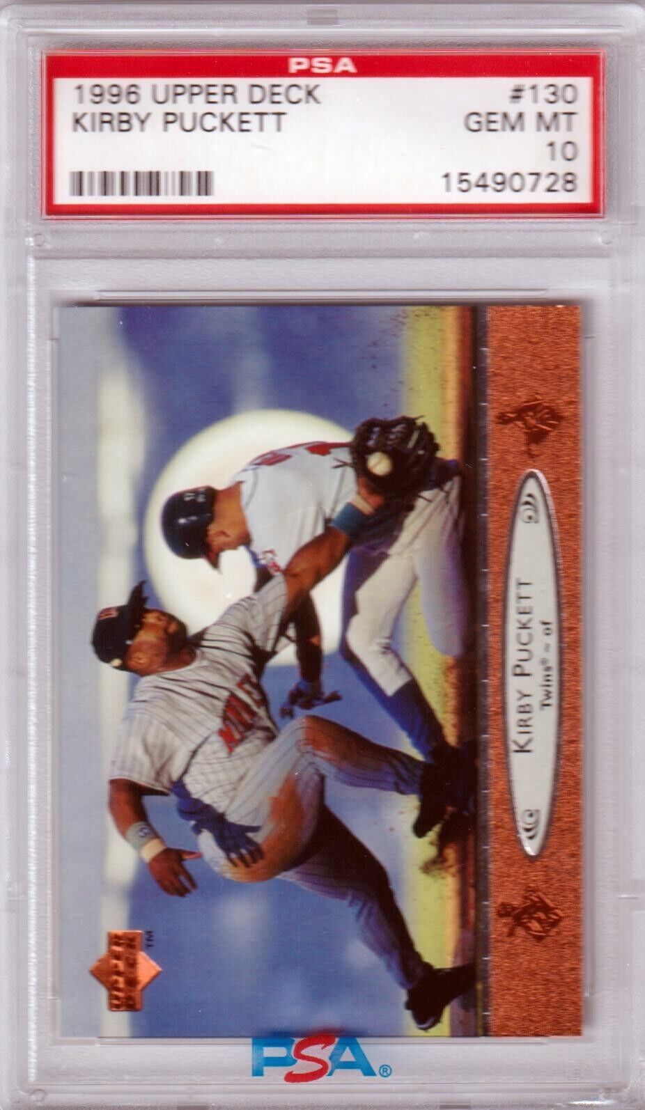 KIRBY PUCKETT 1996 Upper Deck #130 PSA 10 GEM MINT - TWINS - Columbia Hobby - Sports Card Boxes - Toploaders - Card Savers