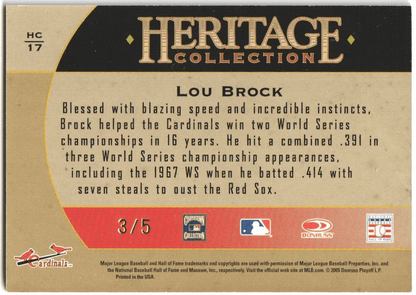 LOU BROCK 2005 Donruss Diamond Kings Autograph Auto SP #/5 - CARDINALS - Columbia Hobby - Sports Card Boxes - Toploaders - Card Savers