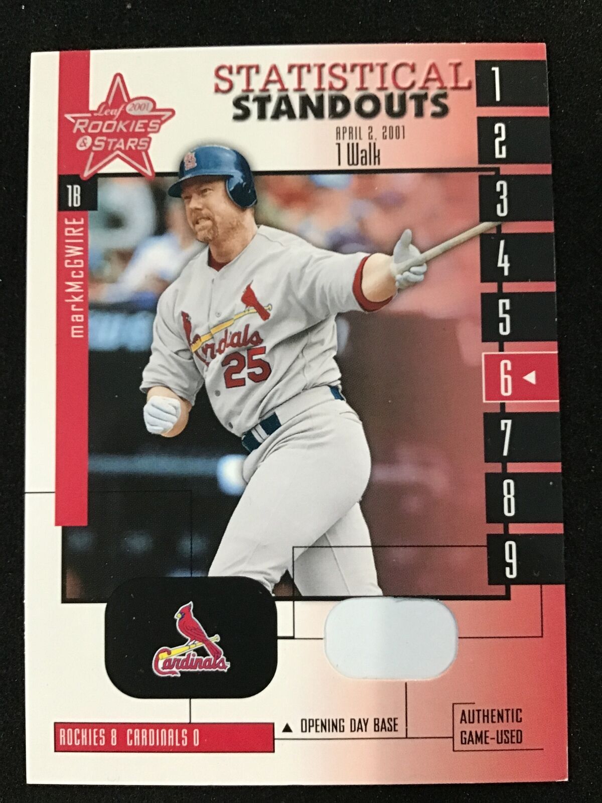 Mark McGwire 2001 Leaf Rookies & Stars Statistical Standouts Base Patch SS - 24 - Columbia Hobby - Sports Card Boxes - Toploaders - Card Savers