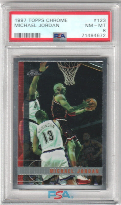 MICHAEL JORDAN 1997 - 98 Topps Chrome #123 PSA 8 NM - MT - BULLS - Columbia Hobby - Sports Card Boxes - Toploaders - Card Savers