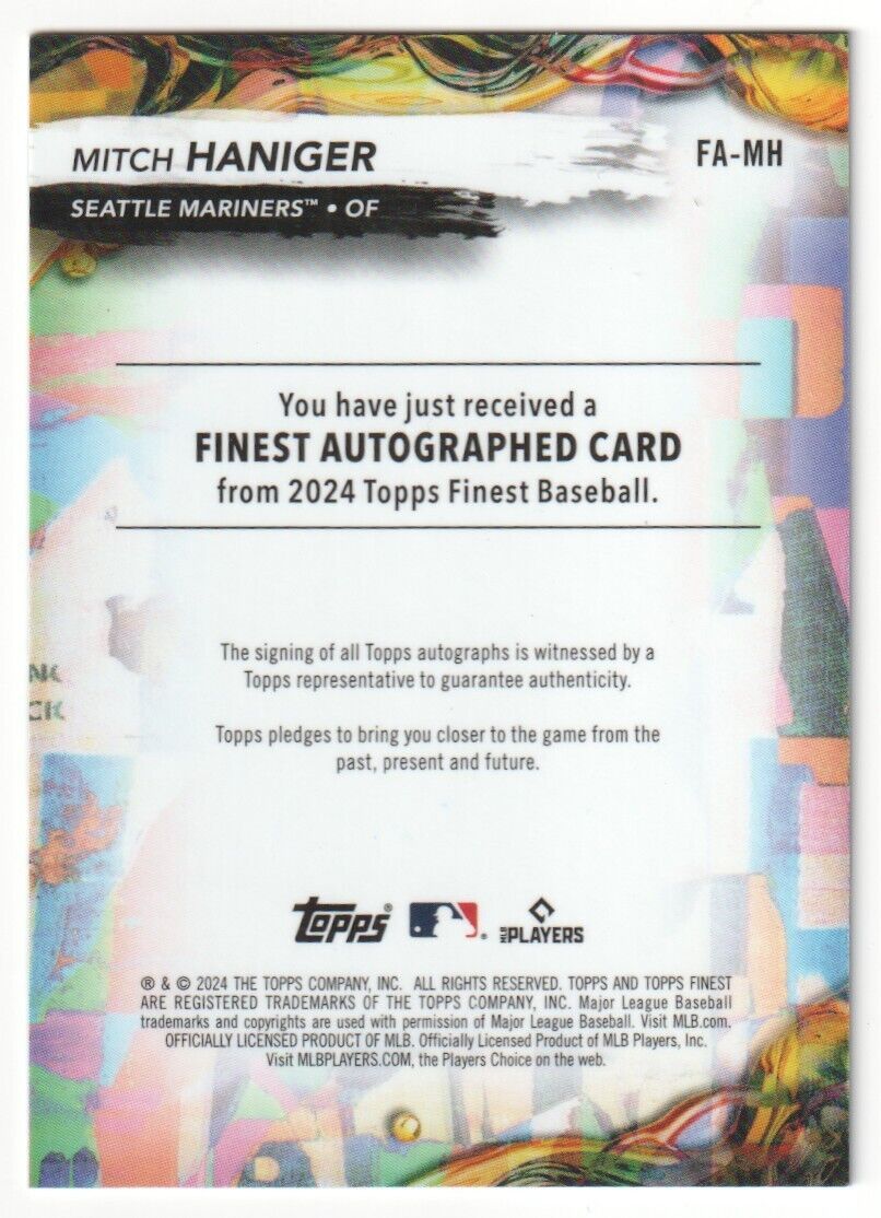 MITCH HANIGER 2024 Topps Finest Green Autograph Auto #/75 - MARINERS - Columbia Hobby - Sports Card Boxes - Toploaders - Card Savers