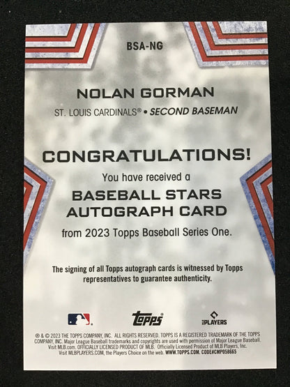 Nolan Gorman 2023 Topps Series 1 RC Baseball Stars Auto BSA - NG Cardinals - Columbia Hobby - Sports Card Boxes - Toploaders - Card Savers