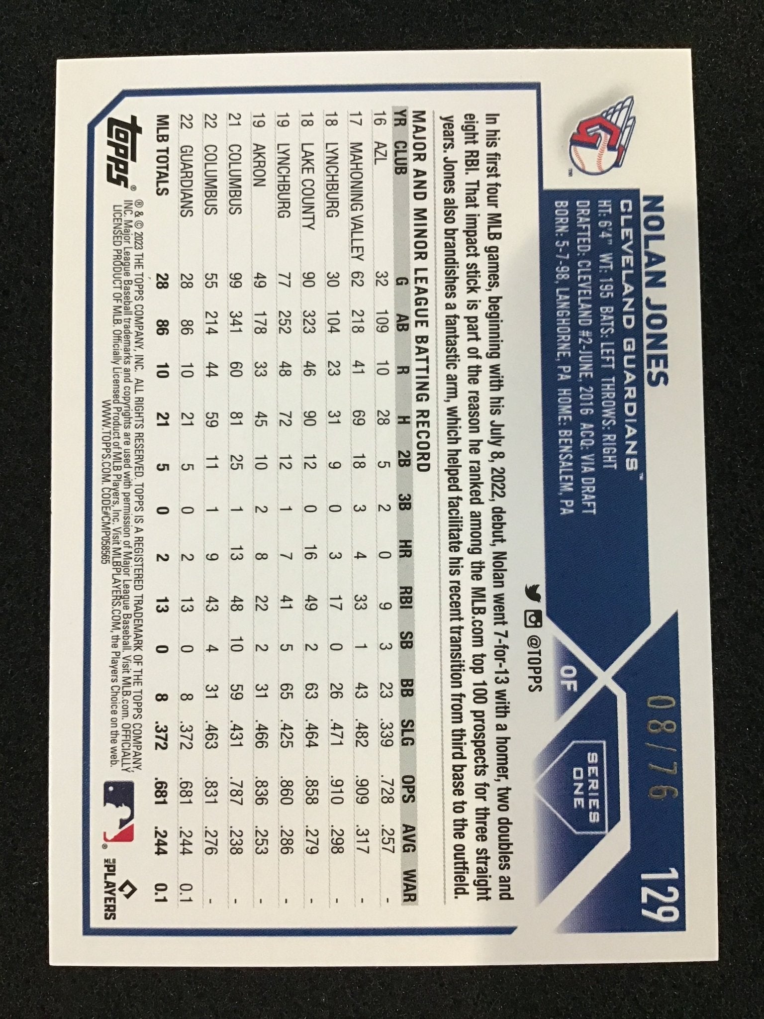 Nolan Jones 2023 Topps 129 Star Border RC Rookie - Cleveland Guardians - Columbia Hobby - Sports Card Boxes - Toploaders - Card Savers