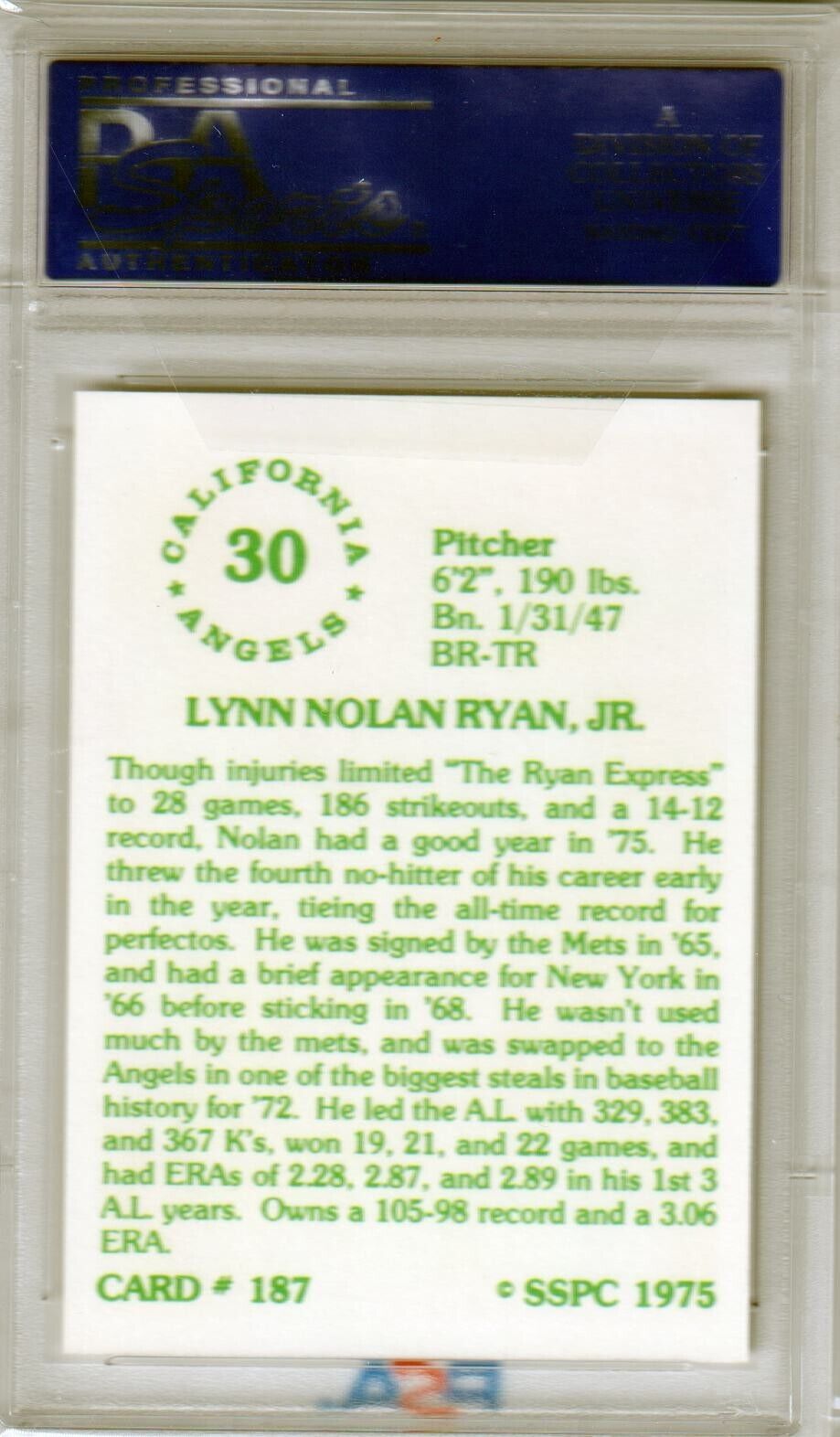 NOLAN RYAN 1975 SSPS #187 PSA 10 GEM MINT - ANGELS - Columbia Hobby - Sports Card Boxes - Toploaders - Card Savers