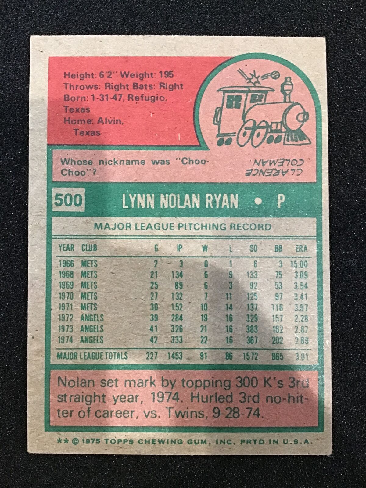 Nolan Ryan 1975 Topps Mini #500 - California Angels - Columbia Hobby - Sports Card Boxes - Toploaders - Card Savers