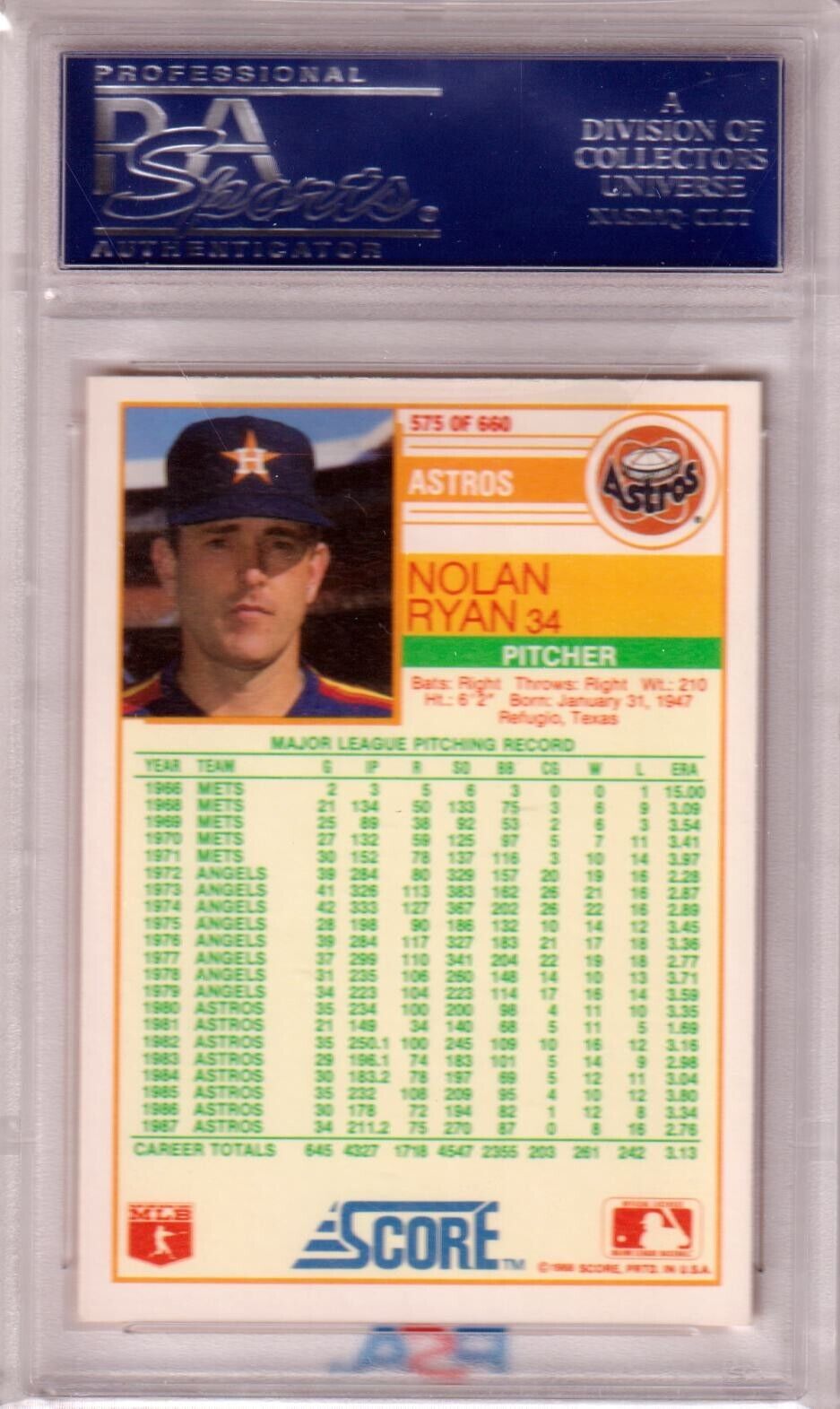 NOLAN RYAN 1988 Score #575 PSA 10 GEM MINT - ASTROS - Columbia Hobby - Sports Card Boxes - Toploaders - Card Savers