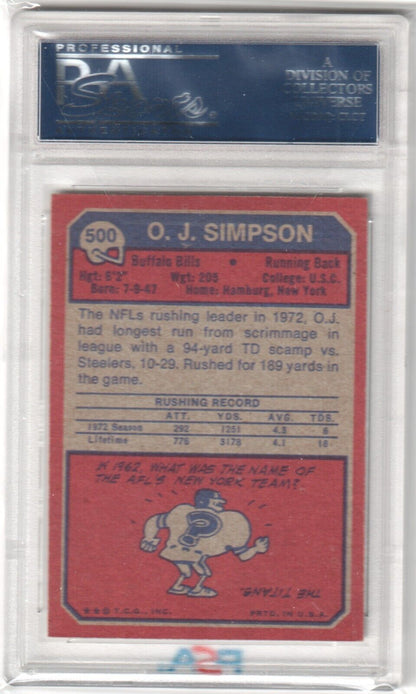 O.J. SIMPSON 1973 Topps #500 PSA 8 NM - MT - BILLS - Columbia Hobby - Sports Card Boxes - Toploaders - Card Savers