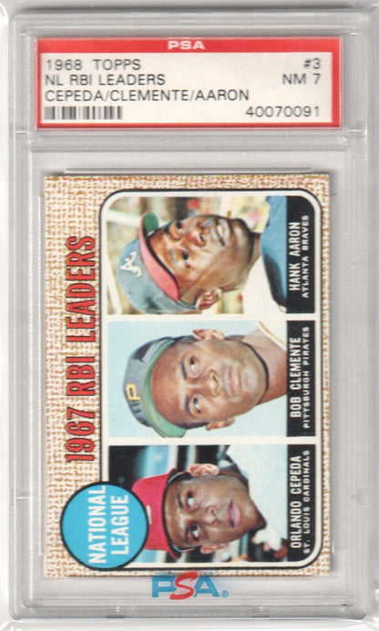 ORLANDO CEPEDA ROBERTO CLEMENTE HANK AARON 1968 Topps RBI Leaders #3 PSA 7 NM - Columbia Hobby - Sports Card Boxes - Toploaders - Card Savers