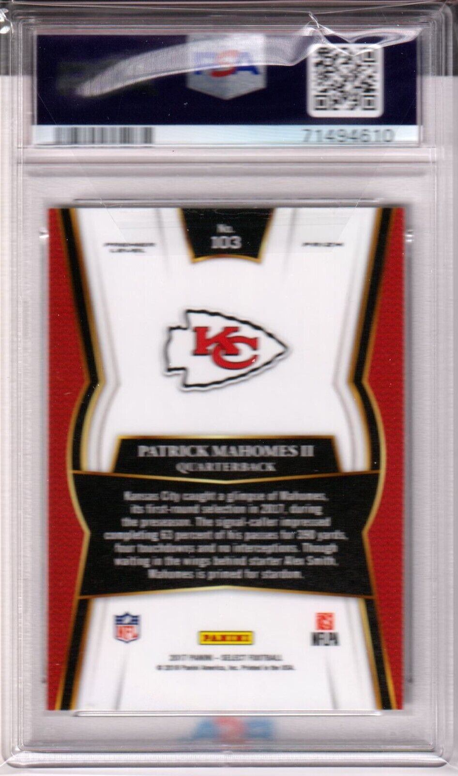 PATRICK MAHOMES II 2017 Panini Select Premier Level RC Rookie #103 PSA 9 MINT - Columbia Hobby - Sports Card Boxes - Toploaders - Card Savers