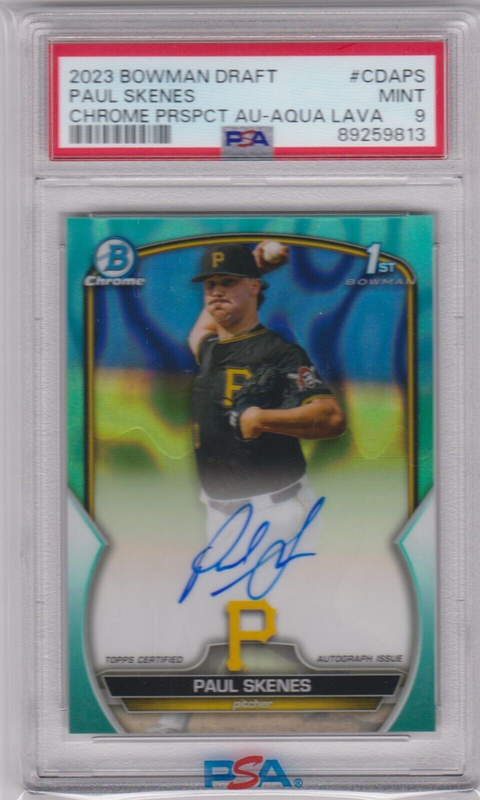 PAUL SKENES 2023 Bowman Draft Chrome Autograph Auto Aqua Lava 1st #/199 PSA 9 - Columbia Hobby - Sports Card Boxes - Toploaders - Card Savers