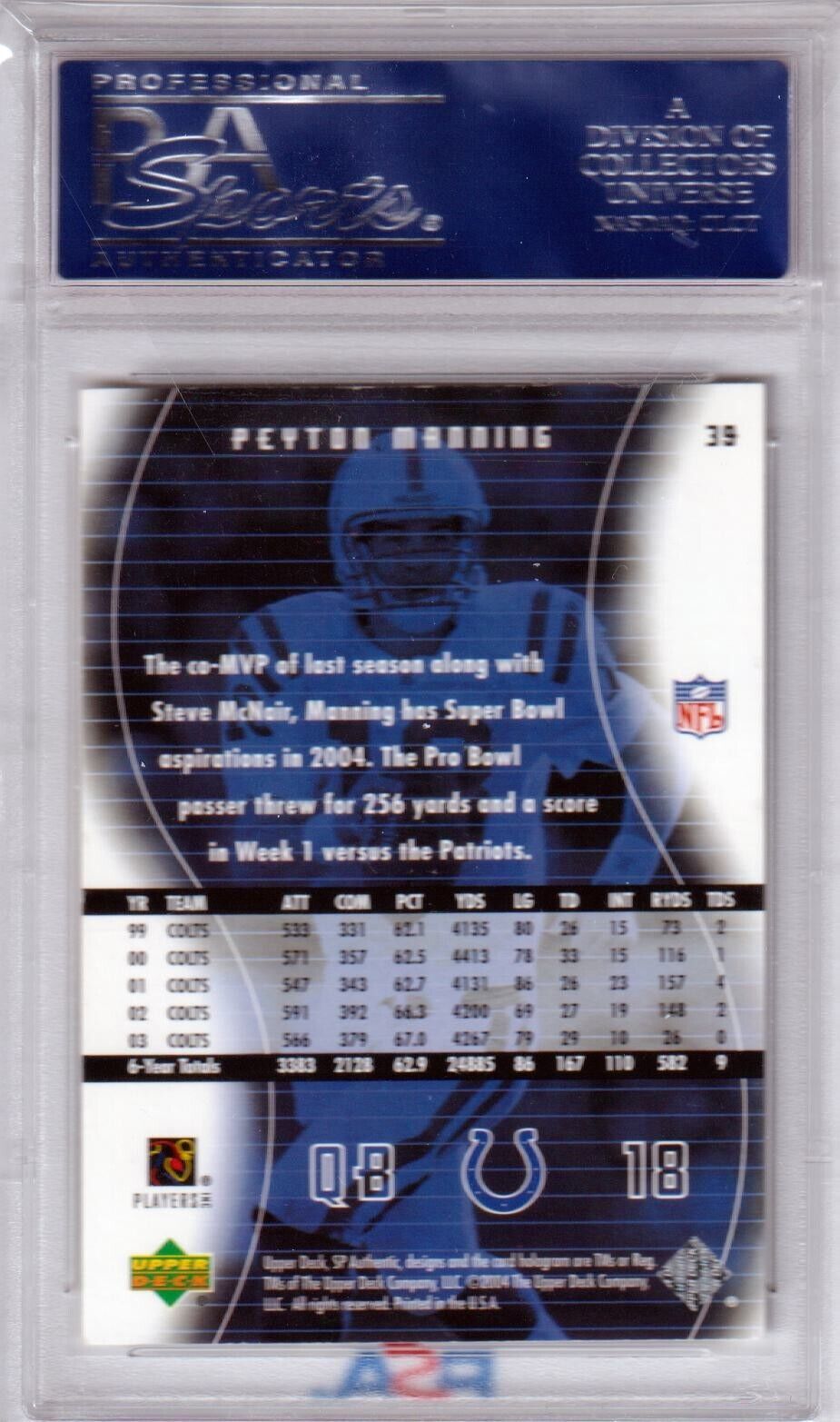 PEYTON MANNING 2004 Upper Deck SP Authentic #39 PSA 10 GEM MINT - COLTS - Columbia Hobby - Sports Card Boxes - Toploaders - Card Savers
