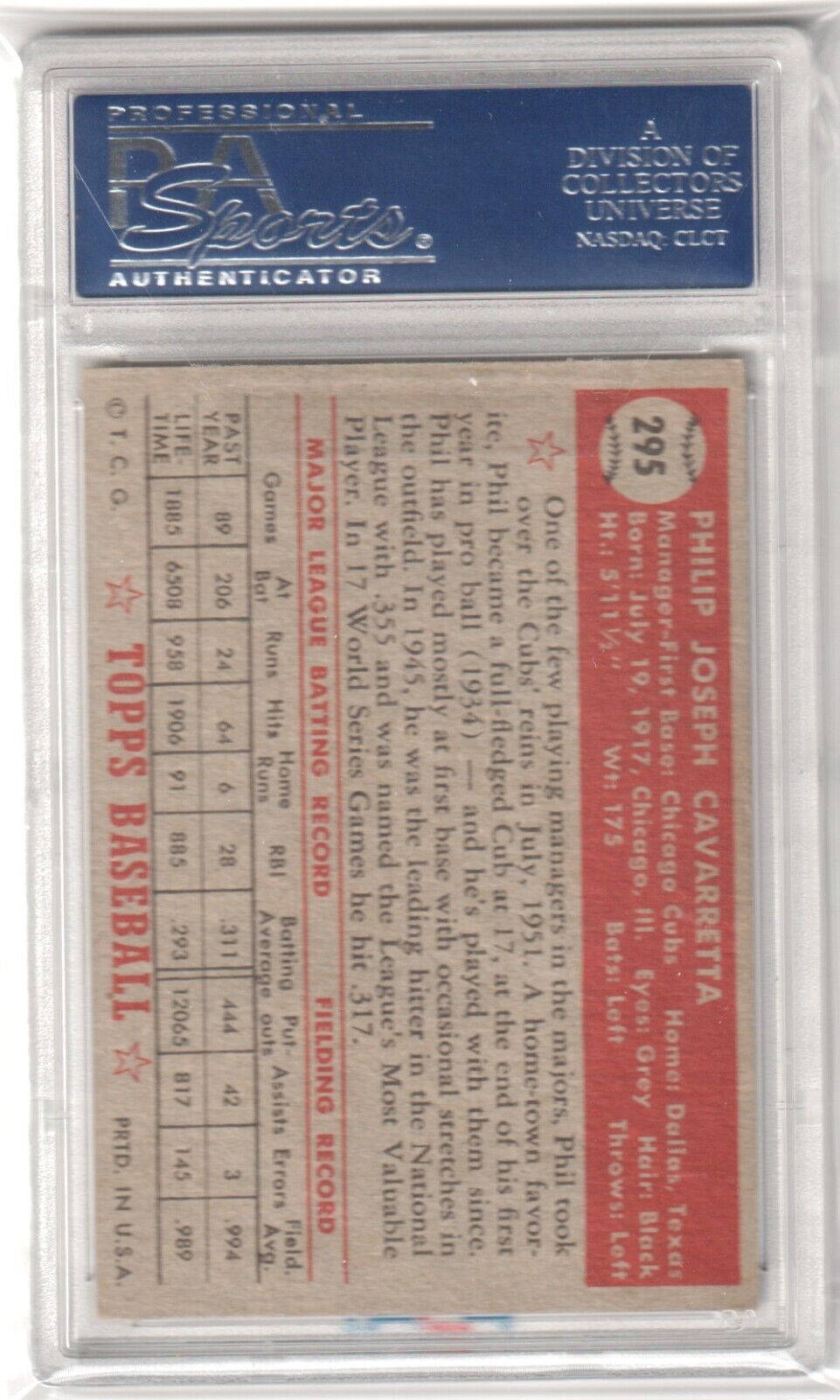 PHIL CAVARRETTA 1952 Topps #295 PSA 6 EX - MT - CUBS - Columbia Hobby - Sports Card Boxes - Toploaders - Card Savers