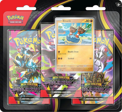Pokémon TCG Mega Evolution Pitch Black 3-Pack Blister featuring three booster packs and a foil promo card.
Back of the Pokémon TCG Mega Evolution Pitch Black 3-Pack Blister showing product information and contents.
Pokémon TCG Mega Evolution Pitch Black booster pack included in the 3-Pack Blister.
Pokémon TCG Mega Evolution Pitch Black 3-Pack Blister retail packaging.