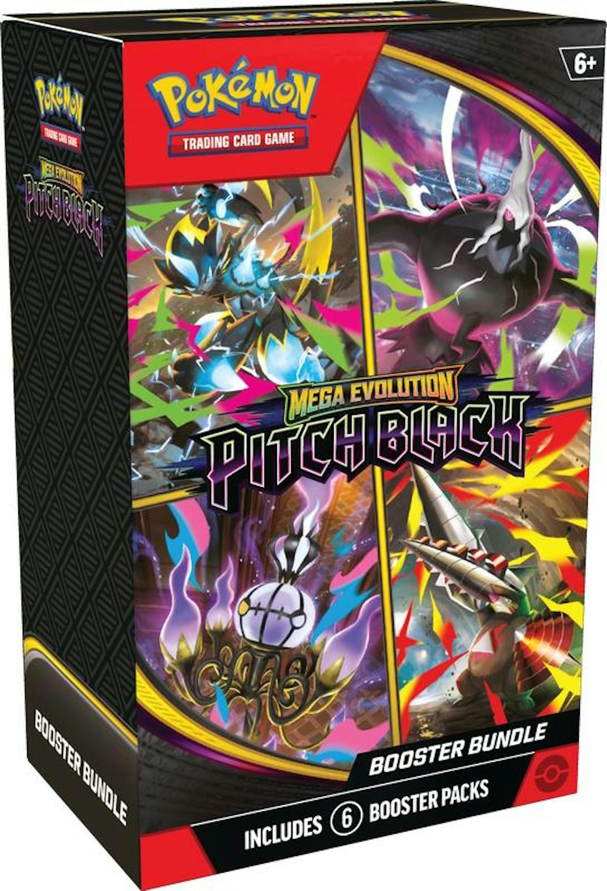 Pokémon TCG Mega Evolution Pitch Black 6-Pack Booster Bundle sealed product featuring six booster packs.
Back of the Pokémon TCG Mega Evolution Pitch Black 6-Pack Booster Bundle showing product information.
Pokémon TCG Mega Evolution Pitch Black booster pack from the Booster Bundle.
Pokémon TCG Mega Evolution Pitch Black 6-Pack Booster Bundle promotional artwork featuring Mega Evolution Pokémon.