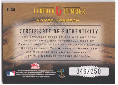 RANDY JOHNSON 2003 Donruss Leather & Lumber Game Used Bat SP #/250 DIAMONDBACKS - Columbia Hobby - Sports Card Boxes - Toploaders - Card Savers