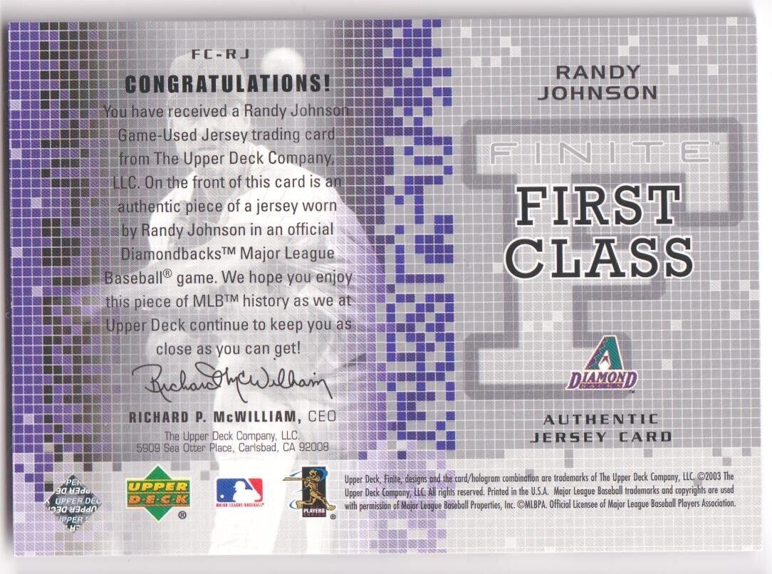 RANDY JOHNSON 2003 Upper Deck Finite First Class Game Used Jersey - DIAMONDBACKS - Columbia Hobby - Sports Card Boxes - Toploaders - Card Savers