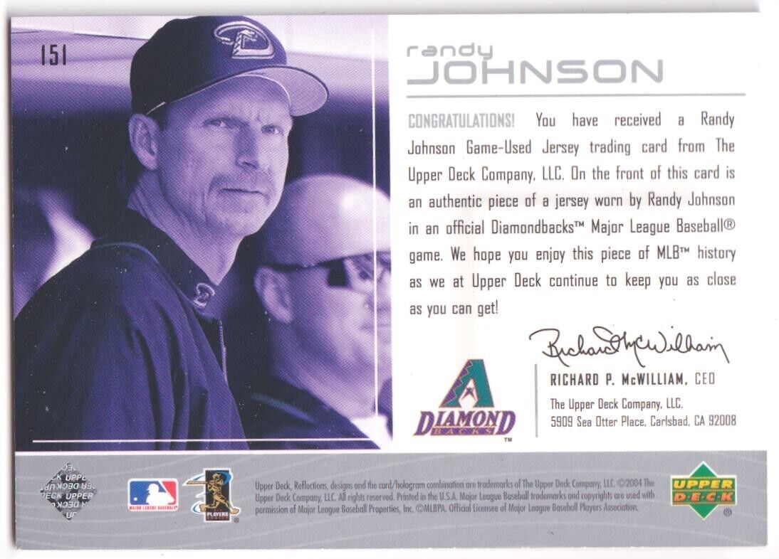 RANDY JOHNSON 2007 Upper Deck Reflections Game Used Jersey - DIAMONDBACKS - Columbia Hobby - Sports Card Boxes - Toploaders - Card Savers