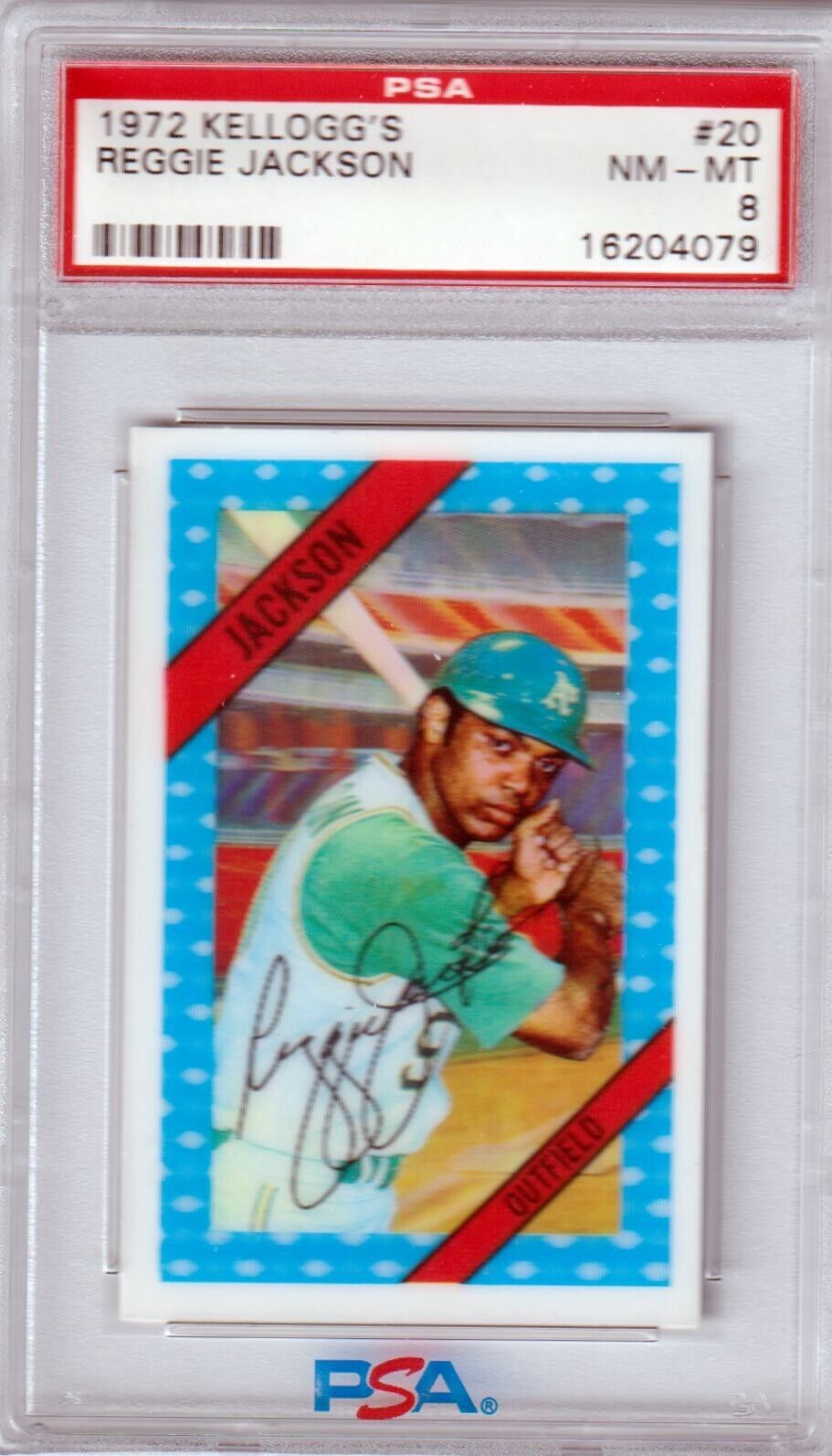 REGGIE JACKSON 1972 Kellogg's #20 PSA 8 NM - MT - ATHLETICS - Columbia Hobby - Sports Card Boxes - Toploaders - Card Savers