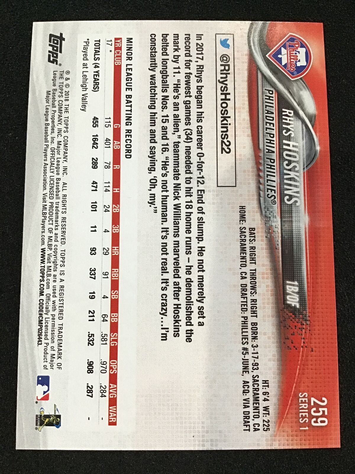 Rhys Hoskins 2018 Topps 259b RC Photo Variation SP Phillies - Columbia Hobby - Sports Card Boxes - Toploaders - Card Savers