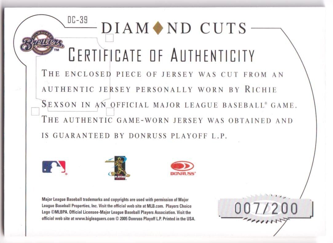 RICHIE SEXSON 2005 Donruss Diamond Kings Game Used Jersey #/200 - BREWERS - Columbia Hobby - Sports Card Boxes - Toploaders - Card Savers