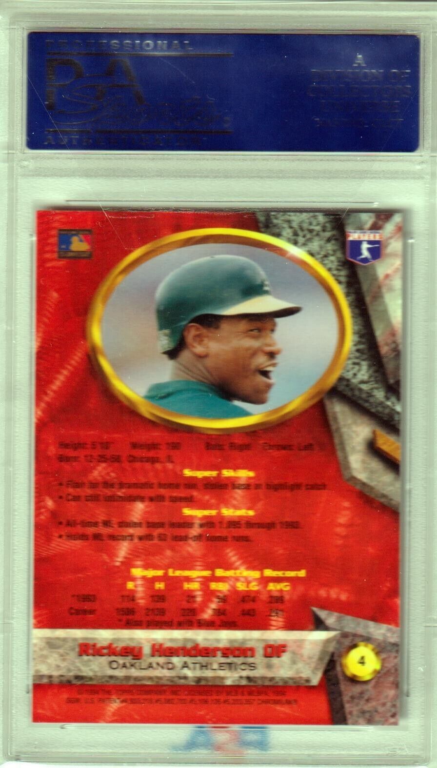 RICKEY HENDERSON 1994 Bowman's Best Red #4 PSA 10 GEM MINT - ATHLETICS - Columbia Hobby - Sports Card Boxes - Toploaders - Card Savers