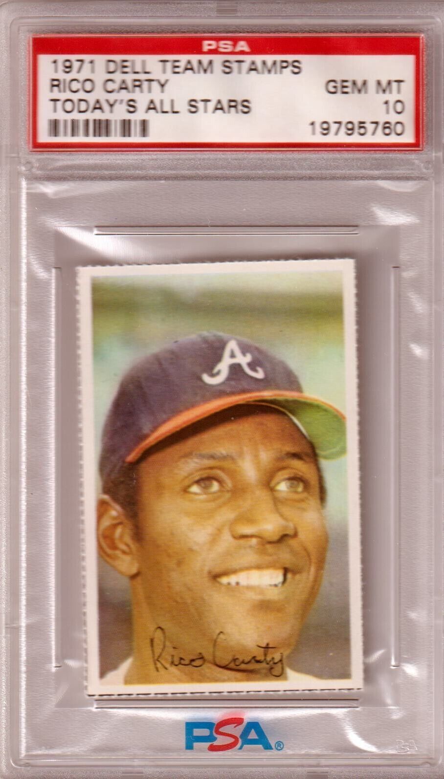 RICO CARTY 1971 Dell Team Stamps Today's All Stars PSA 10 GEM MINT - BRAVES - Columbia Hobby - Sports Card Boxes - Toploaders - Card Savers