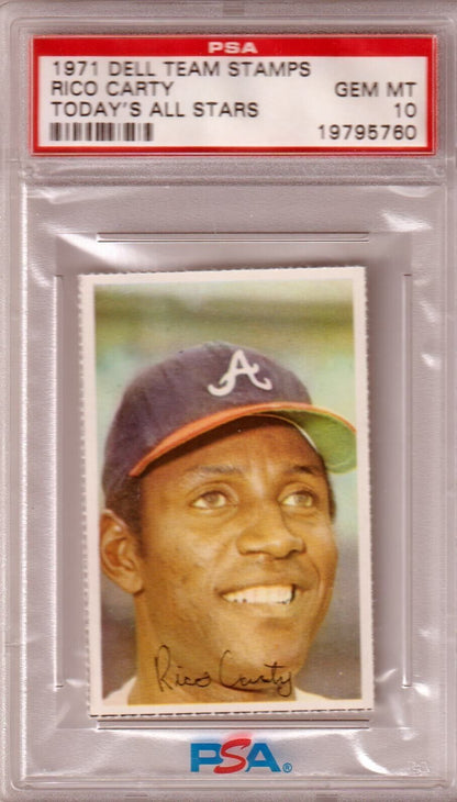 RICO CARTY 1971 Dell Team Stamps Today's All Stars PSA 10 GEM MINT - BRAVES - Columbia Hobby - Sports Card Boxes - Toploaders - Card Savers