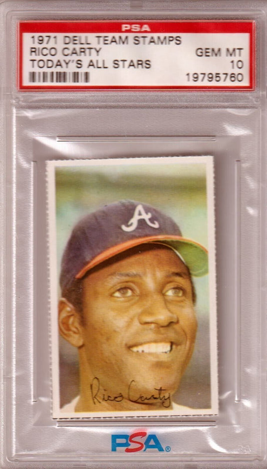 RICO CARTY 1971 Dell Team Stamps Today's All Stars PSA 10 GEM MINT - BRAVES - Columbia Hobby - Sports Card Boxes - Toploaders - Card Savers