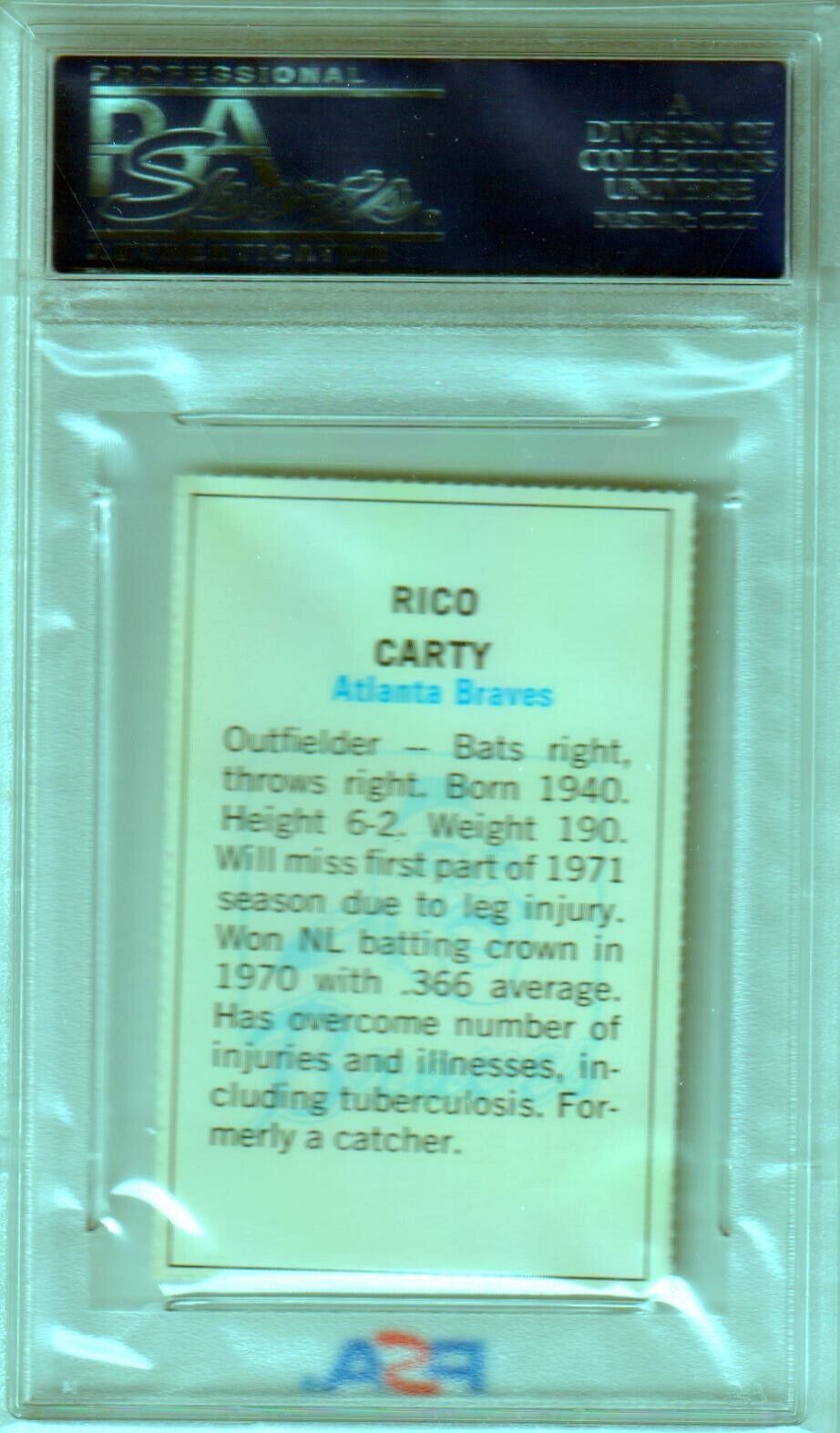 RICO CARTY 1971 Dell Team Stamps Today's All Stars PSA 10 GEM MINT - BRAVES - Columbia Hobby - Sports Card Boxes - Toploaders - Card Savers