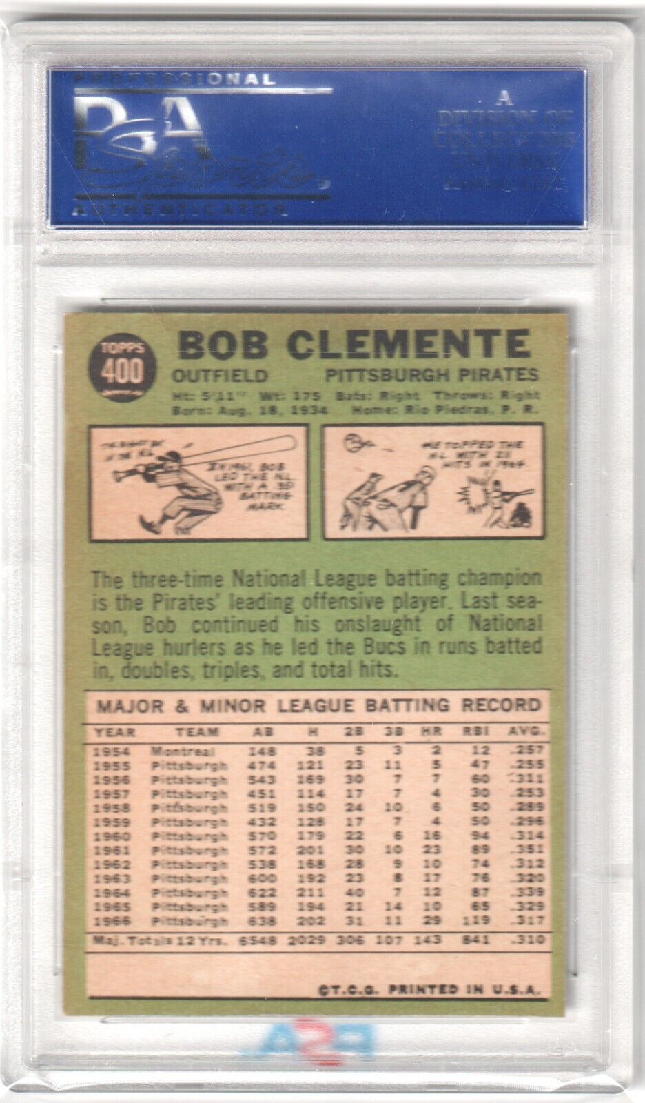 ROBERTO CLEMENTE 1966 Topps #300 PSA 6 EX - MT - PIRATES - Columbia Hobby - Sports Card Boxes - Toploaders - Card Savers