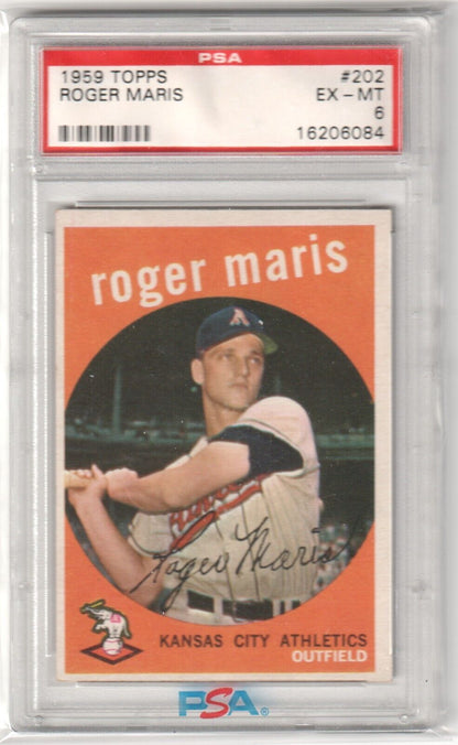 ROGER MARIS 1959 Topps #202 Graded PSA 6 EX - MT - Columbia Hobby - Sports Card Boxes - Toploaders - Card Savers