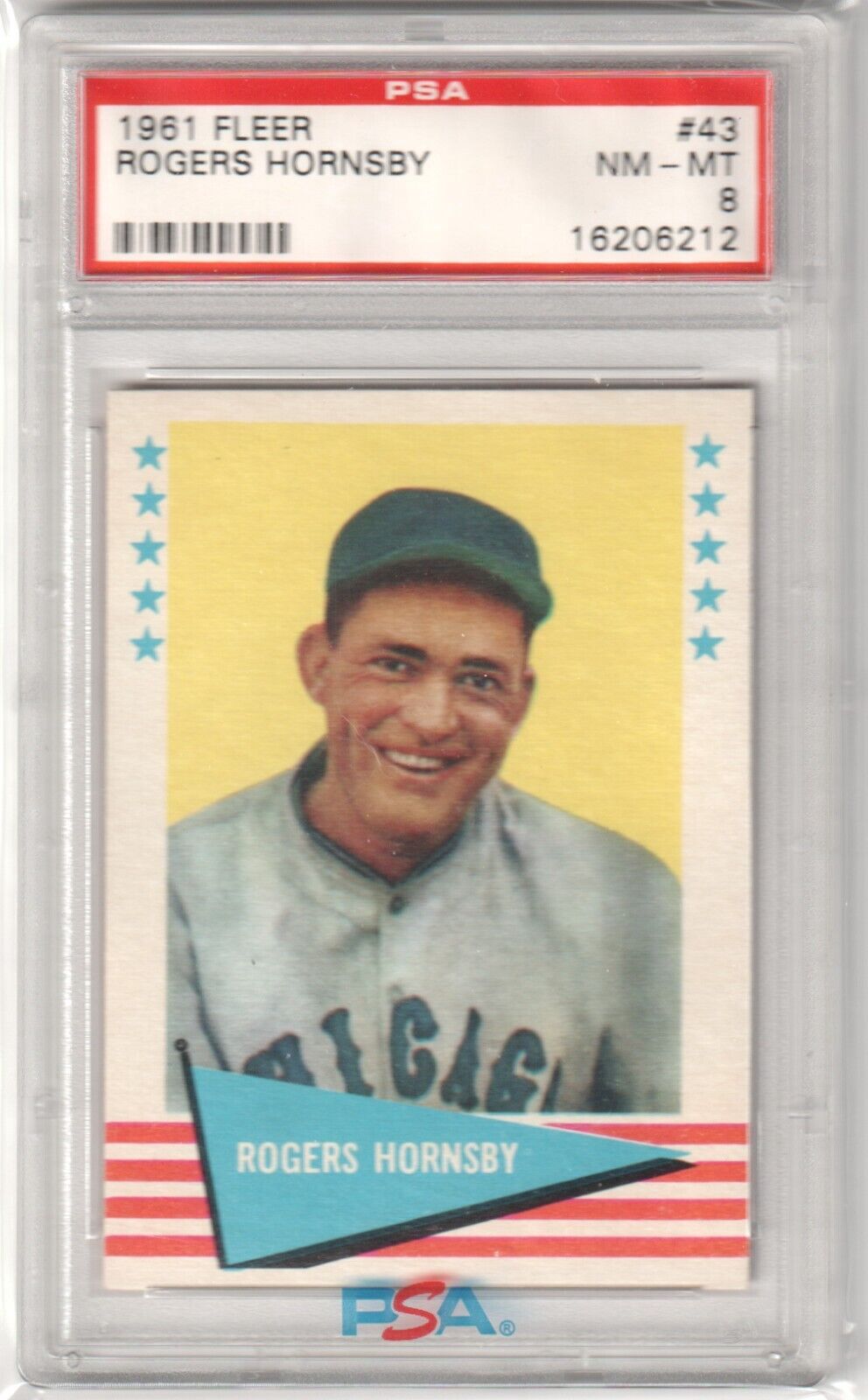 ROGERS HORNSBY 1961 Fleer Baseball Greats #43 Graded PSA 8 NM - MT - CUBS - Columbia Hobby - Sports Card Boxes - Toploaders - Card Savers