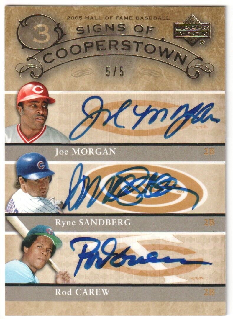 RYNE SANDBERG JOE MORGAN ROD CAREW 2005 Upper Deck Signs Autograph Auto #/5 - Columbia Hobby - Sports Card Boxes - Toploaders - Card Savers