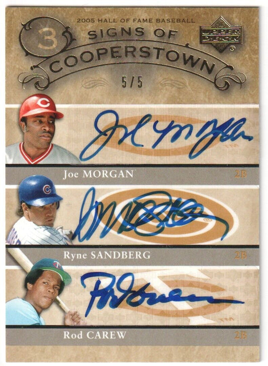 RYNE SANDBERG JOE MORGAN ROD CAREW 2005 Upper Deck Signs Autograph Auto #/5 - Columbia Hobby - Sports Card Boxes - Toploaders - Card Savers