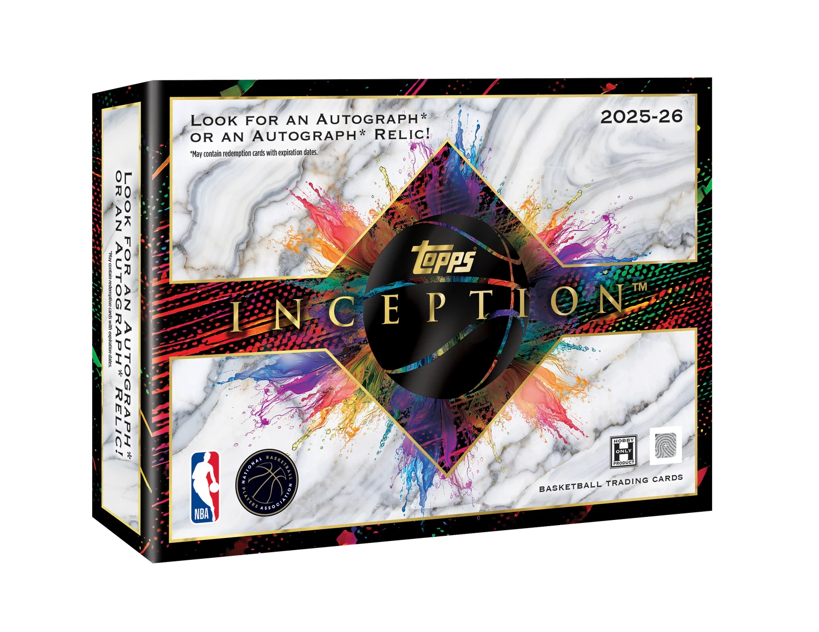 2025/26 Topps Inception Basketball Hobby Box featuring one autograph or autograph relic and premium rookie cards.
Back of the 2025/26 Topps Inception Basketball Hobby Box showing product details and box configuration.
2025/26 Topps Inception Basketball hobby pack featuring premium NBA trading cards.
2025/26 Topps Inception Basketball promotional sell sheet highlighting Rookie Autographs, Silver Signings, NBA First Milestone Relics, and premium autograph relics.