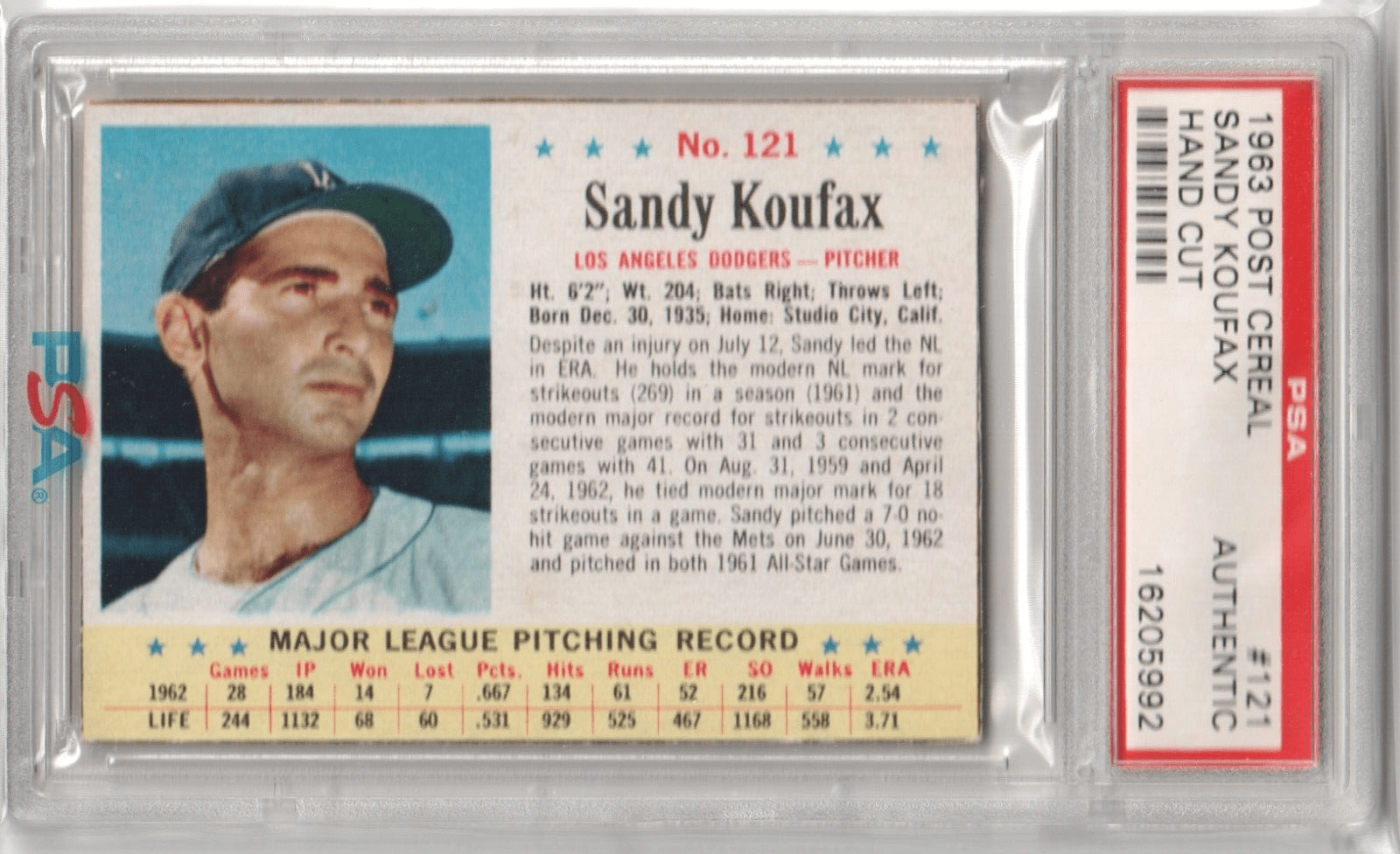 SANDY KOUFAX 1963 Post Cereal #121 PSA Authentic - DODGERS - Columbia Hobby - Sports Card Boxes - Toploaders - Card Savers