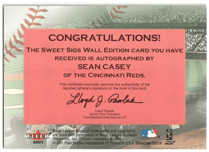 SEAN CASEY 2001 Fleer Showcase Sweet Sigs Autograph Auto - REDS - Columbia Hobby - Sports Card Boxes - Toploaders - Card Savers