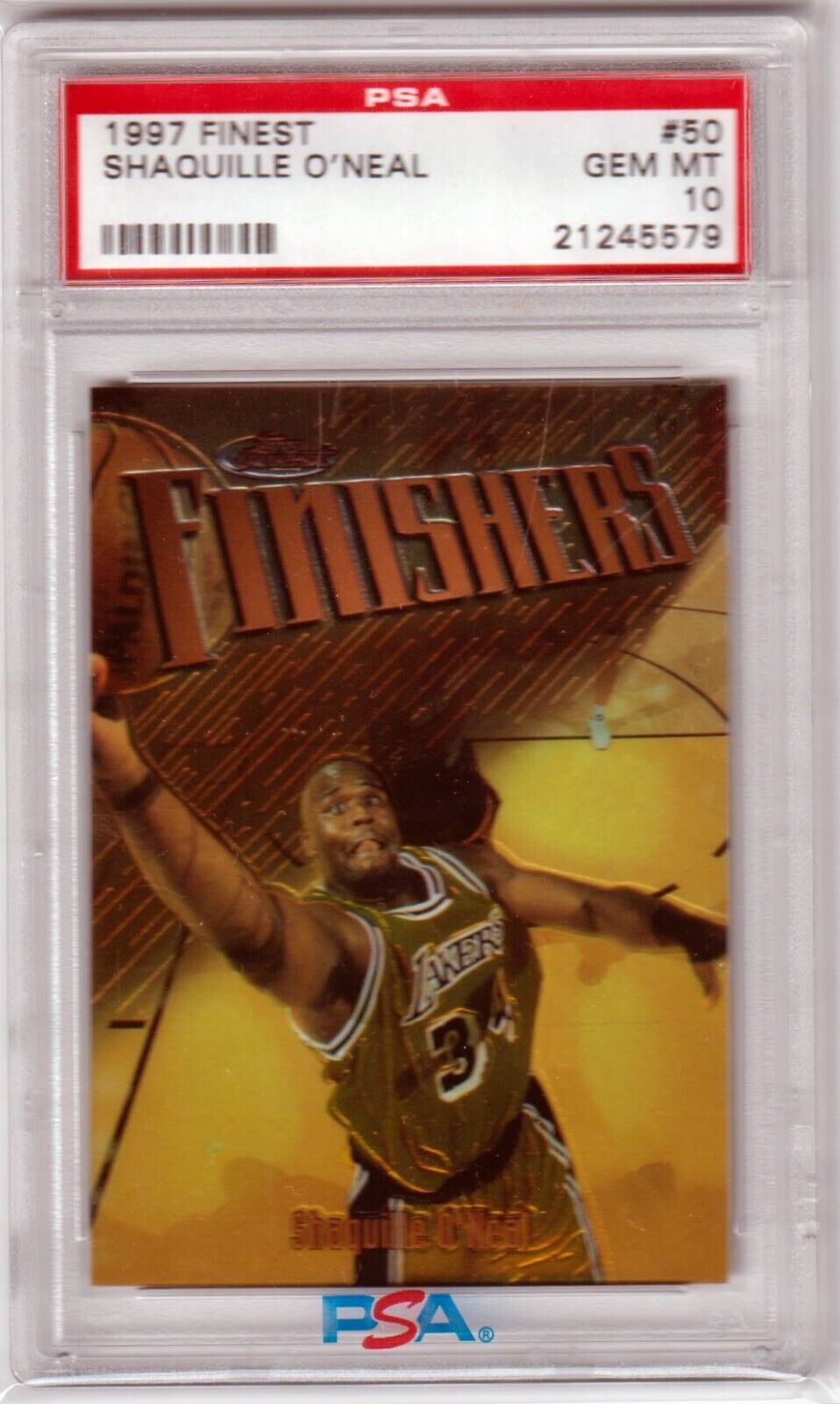 SHAQUILLE O'NEAL 1997 - 98 Topps Finest Finishers #50 PSA 10 GEM MINT - LAKERS - Columbia Hobby - Sports Card Boxes - Toploaders - Card Savers