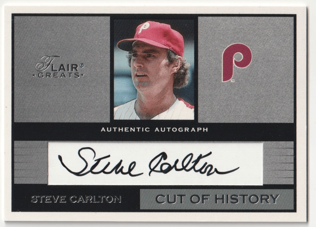 STEVE CARLTON 2003 Fleer Flair Greats Autograph Cut Auto #/506 - PHILLIES - Columbia Hobby - Sports Card Boxes - Toploaders - Card Savers