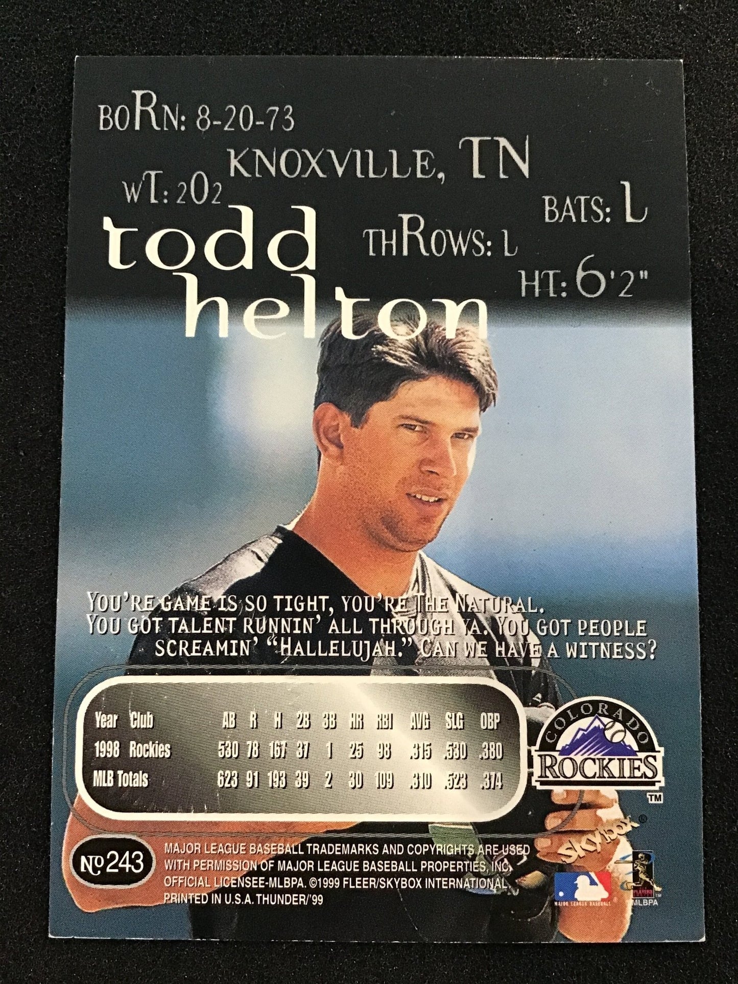 Todd Helton 1999 SkyBox Thunder Auto #243 Colorado Rockies - Columbia Hobby - Sports Card Boxes - Toploaders - Card Savers